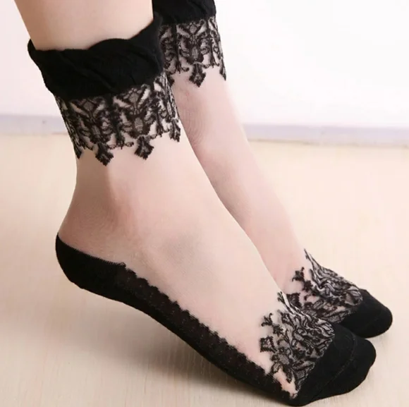 🎃🕸️ Wednesday Adams Style Embroidered Sheer Lace Socks 🏆HP🏆 - Picture 2 of 8